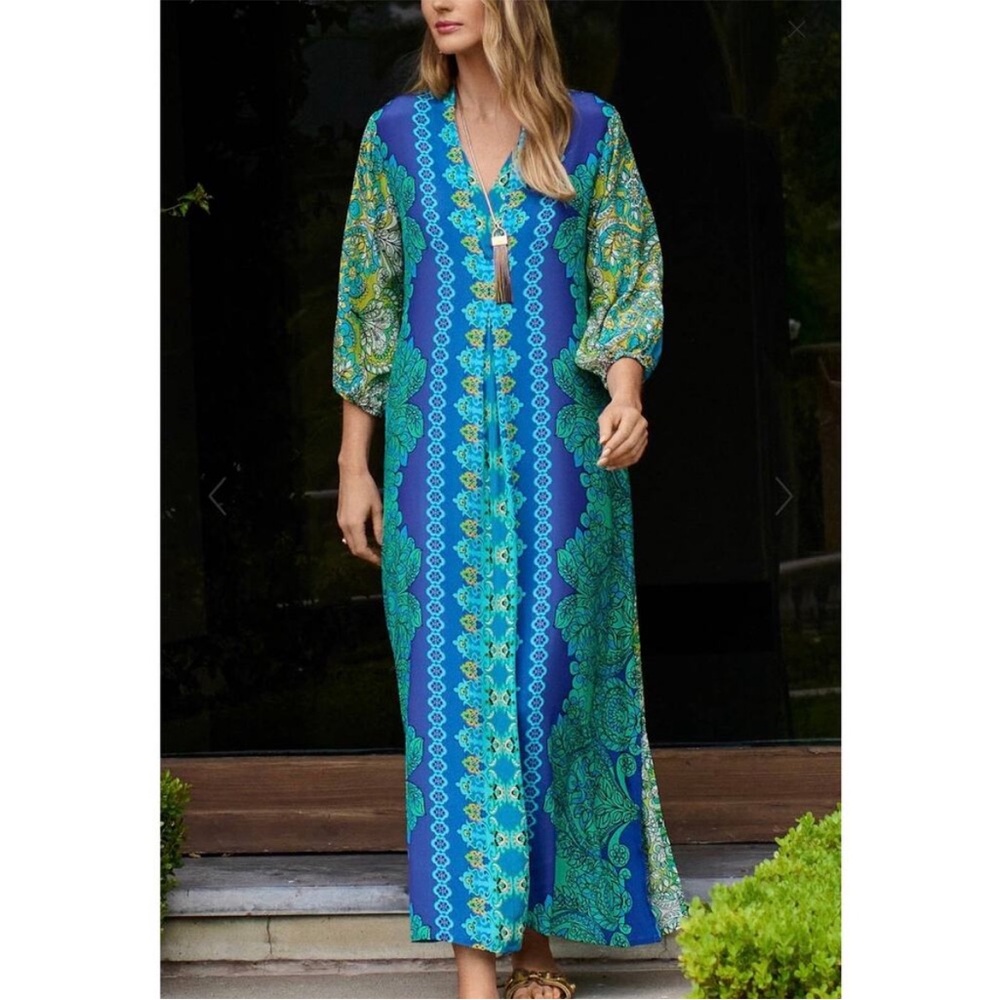 Johnny Was Vibrant Blue and Green Maxi Dress NWT Size XS